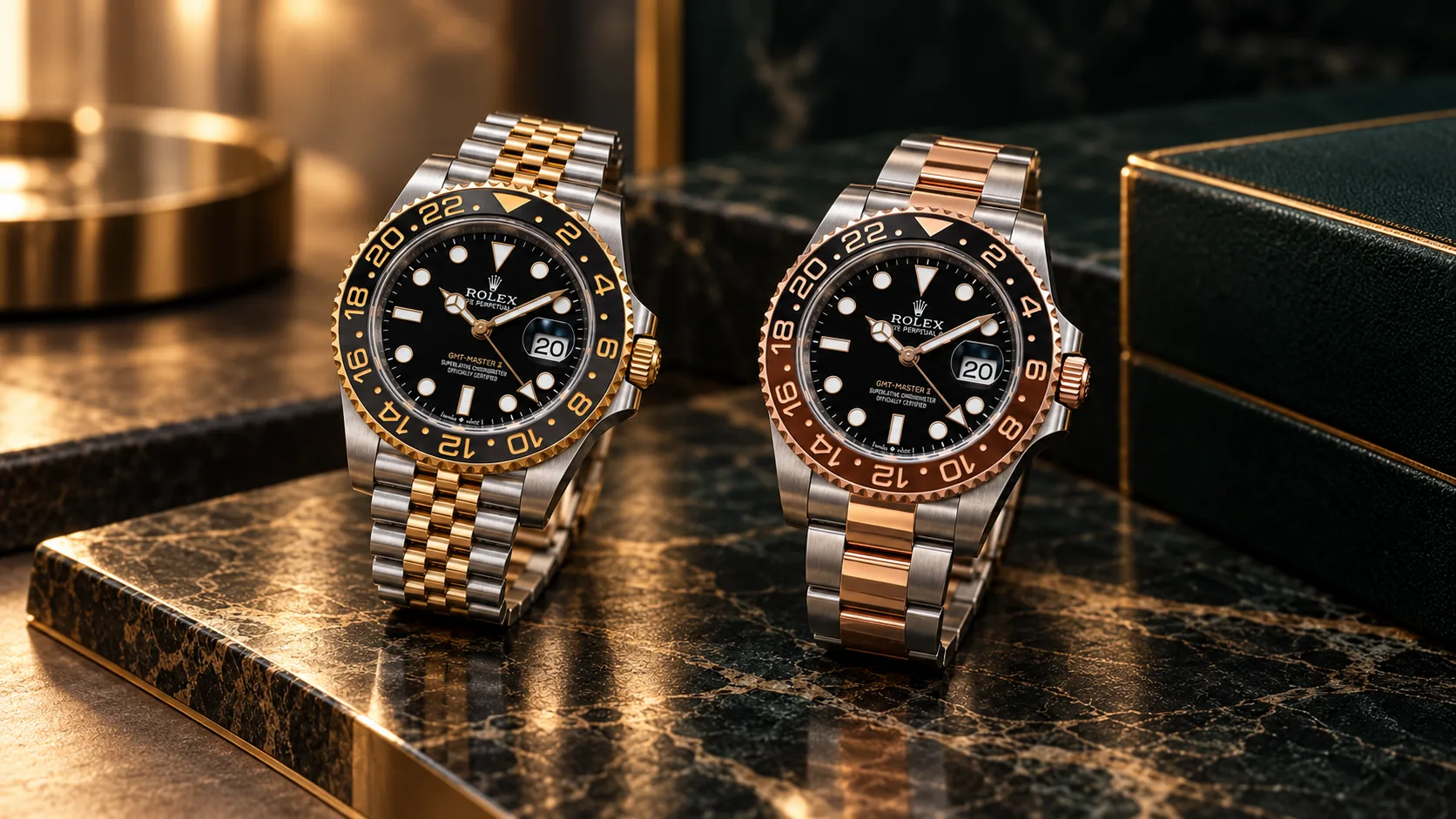 Rolex GMT-Master II Zombie 126713GRNR and Root Beer 126711CHNR displayed side by side on dark marble